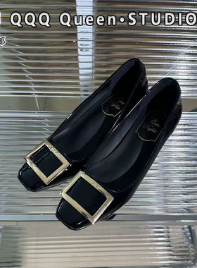 Right Video黑色金属方扣单鞋女真皮2025秋季通勤风马蹄跟高跟鞋