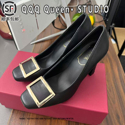 rv方扣高跟鞋女真皮2025秋季细跟浅口通勤风马蹄跟加绒方头单鞋女