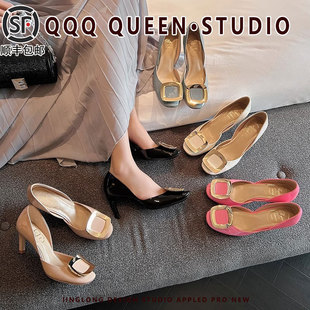 白白琮瑗同款RV芭蕾舞高跟凉鞋细跟中空女生日宴大象灰方扣单鞋女