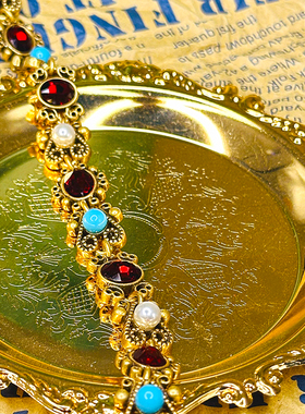 中古vintage镶嵌蓝松石琉璃铜镀真金波西米亚手链