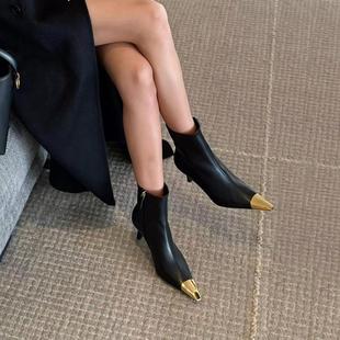 杨树林高跟短靴女秋冬金属小方头黑色靴子侧拉链细跟高级感小短靴
