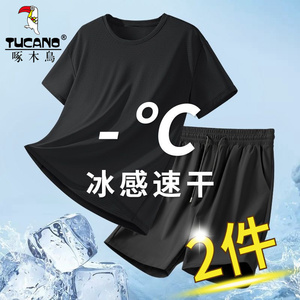 啄木鸟薄款凉感休闲短袖短裤套装男夏季速干运动跑步冰丝两件套