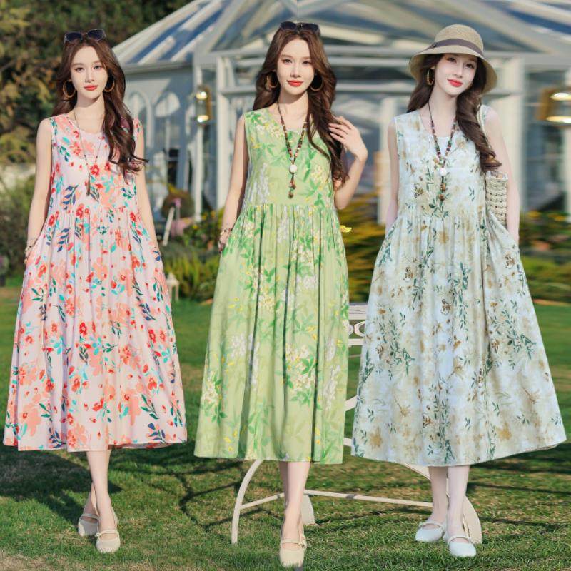 夏季无袖棉绸连衣裙女大