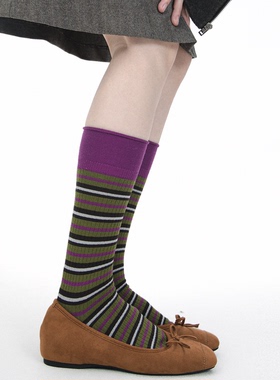 SS2L秋冬复古细条纹撞色袜口miu系跳色韩系百搭中筒袜长筒袜子女