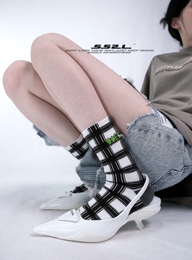 WEN CIHAM22ss春夏新款格纹WCH绿色刺绣运动中筒袜子男女ins潮袜