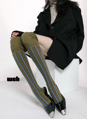 SS2L青紫色竖条纹松口慵懒风军绿色过膝小腿长筒袜子堆堆袜女ins