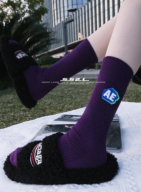 SS2L现货经典款AE绣标紫色双针棉质运动中筒袜子ins男女韩系潮袜