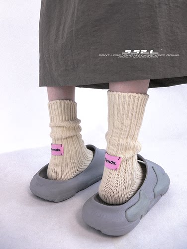 粉色标签粗针粗线男女中筒堆堆袜