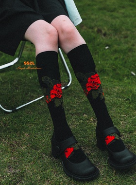 SS2L春夏21ss复古玫瑰花少女感Simone丝光棉中筒长袜子男女ins潮