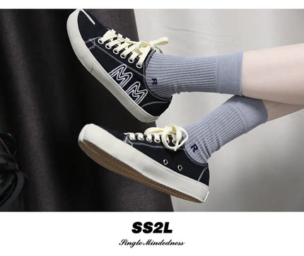 SS2L春夏款糖果色小R字母双针竖条纹棉中筒长袜韩国小众男女潮袜