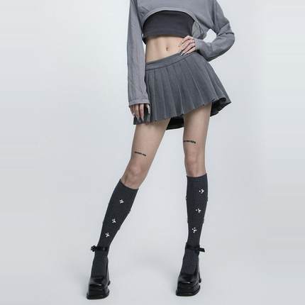 SS2L秋冬珍珠钻石小碎花双针棉质甜酷少女小腿袜长筒袜子女堆堆袜