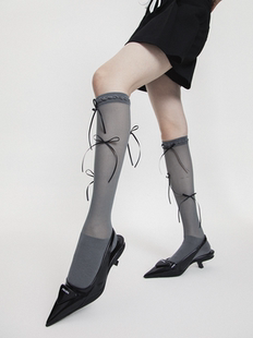 春夏细丝带蝴蝶结网眼薄纱花边小腿袜甜酷少女长筒袜子ins