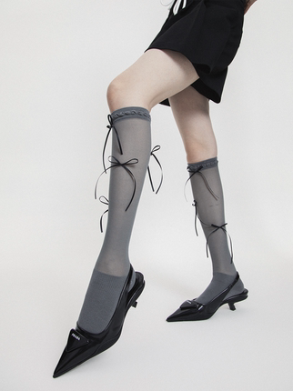 春夏细丝带蝴蝶结网眼薄纱花边小腿袜甜酷少女长筒袜子ins