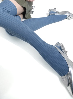 SS2L秋冬新款时尚竖纹双针纯色甜酷辣妹压力显瘦长筒过膝大腿袜女