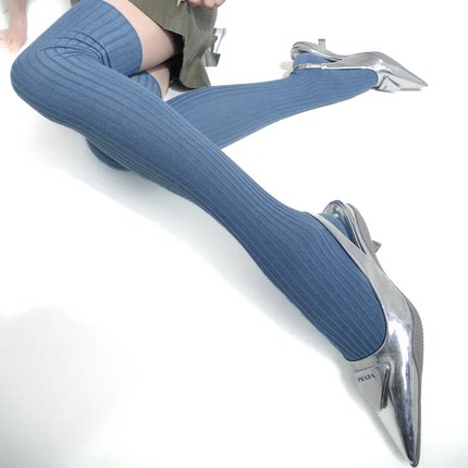 SS2L秋冬新款时尚竖纹双针纯色甜酷辣妹压力显瘦长筒过膝大腿袜女