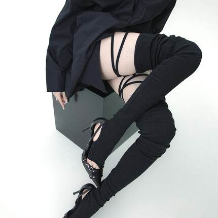 SS2L秋冬新款绑带竖纹分趾加厚过膝长筒袜辣妹袜套堆堆袜女ins潮