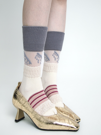 SS2L春夏新款材质拼接半透明纹理感提花撞色设计中筒袜子女堆堆袜