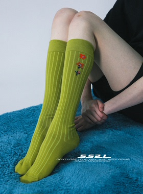 SS2L春夏甜酷少女三朵小花碎花芥末绿JK及膝小腿长筒袜子女ins潮