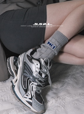 WEN CIHAM22SS春夏新基础款WCH蓝色刺绣粗针棉中筒袜子男女潮袜