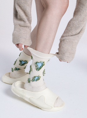 SS2L春夏沙漠绿洲湖泊小众创意反穿毛边纯棉中筒袜子女ins潮情侣