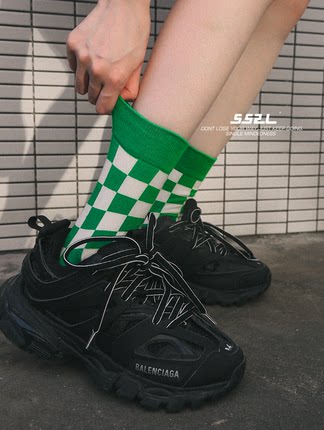 SS2L春秋21aw原创经典黑白复古绿棋盘格运动中筒袜子男女ins潮袜