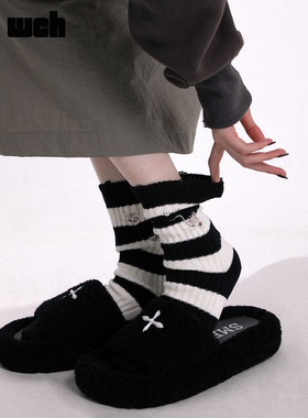 SS2L棕色条纹破洞粗针流浪乞丐风棉中筒袜子男女情侣堆堆袜ins潮