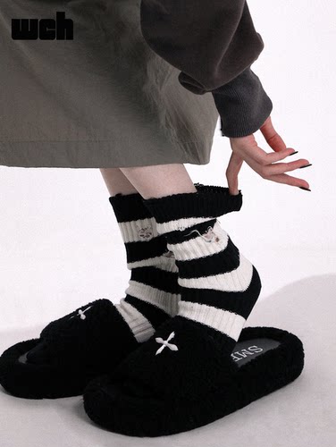 棕白条纹手工破坏男女棉中筒袜