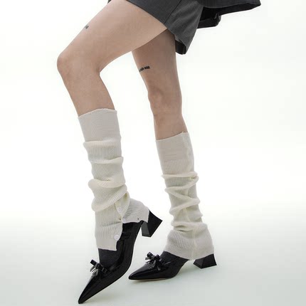 SS2L秋冬新款纯色针织格雷系加厚保暖堆堆袜纽扣开叉袜套腿套女