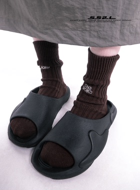 SS2L秋冬22aw日系工装风粗针粗线简约word刺绣中筒袜子男女堆堆袜