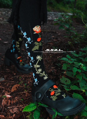 SS2L秋冬21aw植物花卉蓝色花朵复古Simone甜酷风丝光棉长筒女袜