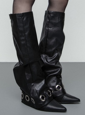 SS2L原创银色铆钉大圆孔暗黑街头朋克辣妹风皮质腿套袜套女ins潮