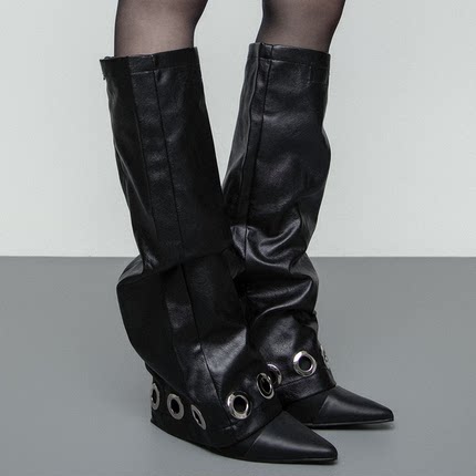 SS2L原创银色铆钉大圆孔暗黑街头朋克辣妹风皮质腿套袜套女ins潮