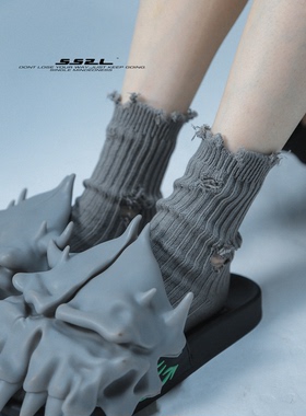 SS2L春夏22ss破坏乞丐朋克风双针纯棉中筒破洞袜子男女ins潮袜