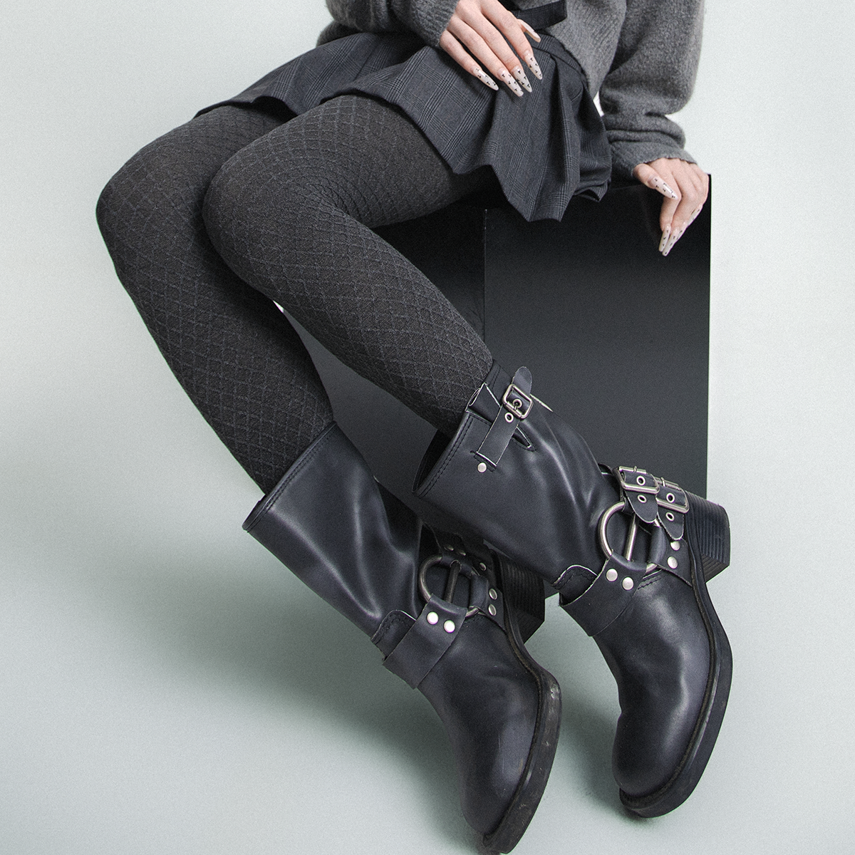 秋冬加厚提花菱形格格雷系连裤袜