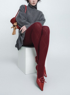 SS2L秋冬格雷系安哥拉红菱格镂空棉质显瘦保暖显瘦打底裤连裤袜女