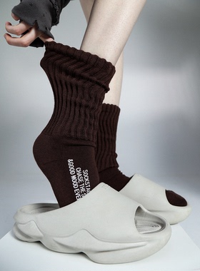 日系复古风纯色粗针粗线字母印花舒适毛巾底中筒袜子男女堆堆袜