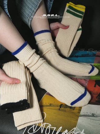 SS2L春夏22ss天然原胚棉双针彩色袜口粗线运动中筒袜子男女日系潮