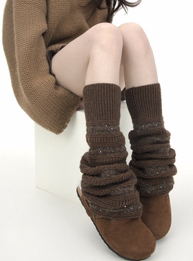 SS2L秋冬羊毛分层亮片微喇叭加厚保暖显瘦腿套雪地靴袜套堆堆袜