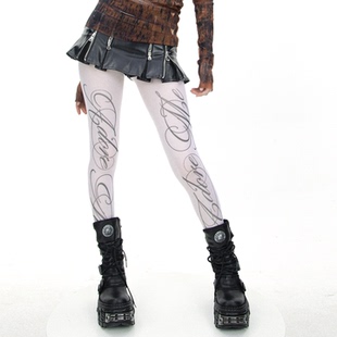 SS2L春夏y2k亚文化哥特花体字母十字架叛逆少女白色打底丝袜ins