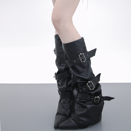 SS2L新款五角星铆钉针扣绑带朋克辣妹风皮质腿套靴套袜套女ins潮