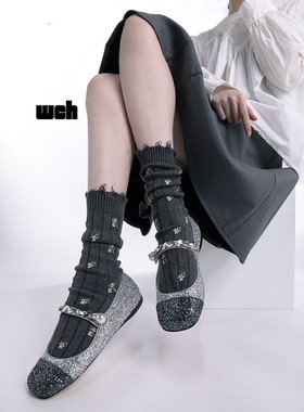 SS2L秋冬碎花刺绣破坏甜酷羊毛加厚保暖中筒袜子女堆堆袜ins潮