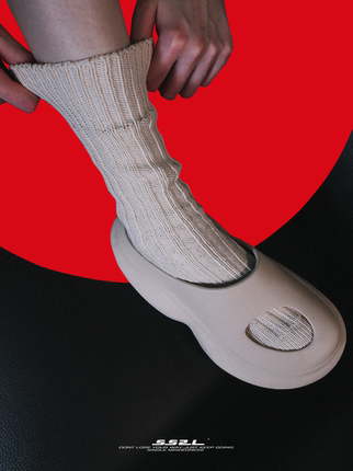 WEN CIHAM22SS有机原胚棉纯色米黄粗线粗针运动中筒袜子男女ins潮