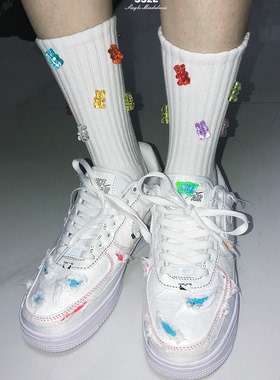 SS2L春夏21ss原创彩色可爱小熊立体软糖棉毛巾底运动中筒袜子男女