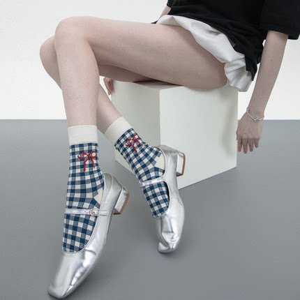 SS2L春夏浅春系糖果色小格纹蝴蝶结少女风薄款中筒袜子堆堆袜韩系