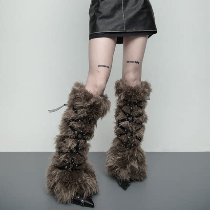 SS2L秋冬褐色末日废土朋克皮绑带y2k辣妹加厚保暖毛绒袜套腿套女