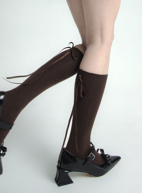 SS2L秋冬新款羊毛蝴蝶结飘带甜酷少女风及膝小腿袜长筒袜子女
