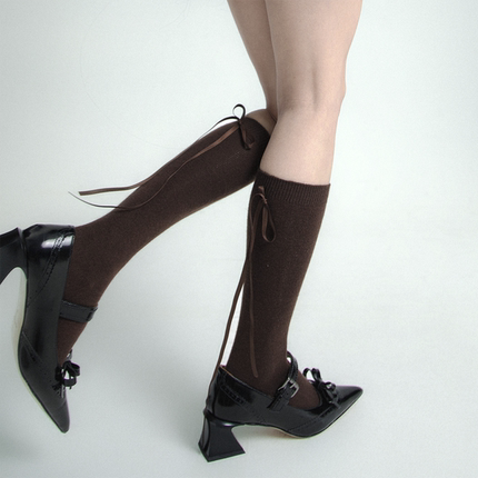 SS2L秋冬新款羊毛蝴蝶结飘带甜酷少女风及膝小腿袜长筒袜子女