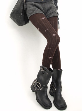 SS2L秋冬蕾丝暗纹链纹提花蝴蝶结撞色一体无痕灰棕打底连裤袜女棉