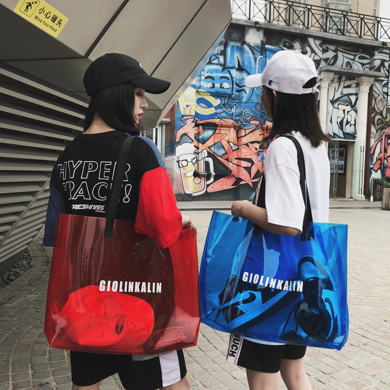 时尚半透明包包女大容量透明PVC果冻包单肩托特包沙滩游泳包定制