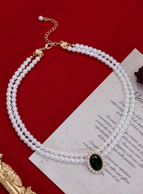 欧美晚会双层旗袍礼服珍珠项链